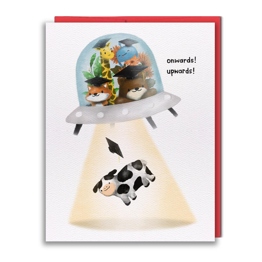 Greeting Card featuring animals wearing mortar boards in a UFO, beaming up a mortarboard wearing cow